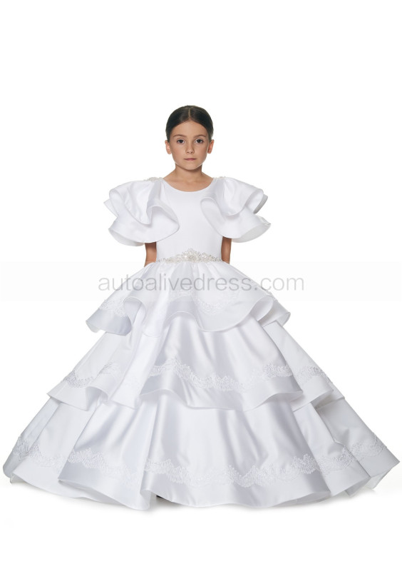 Beaded White Lace Satin Layered Flower Girl Dress Beaded White Lace Satin Layered Flower Girl Dress